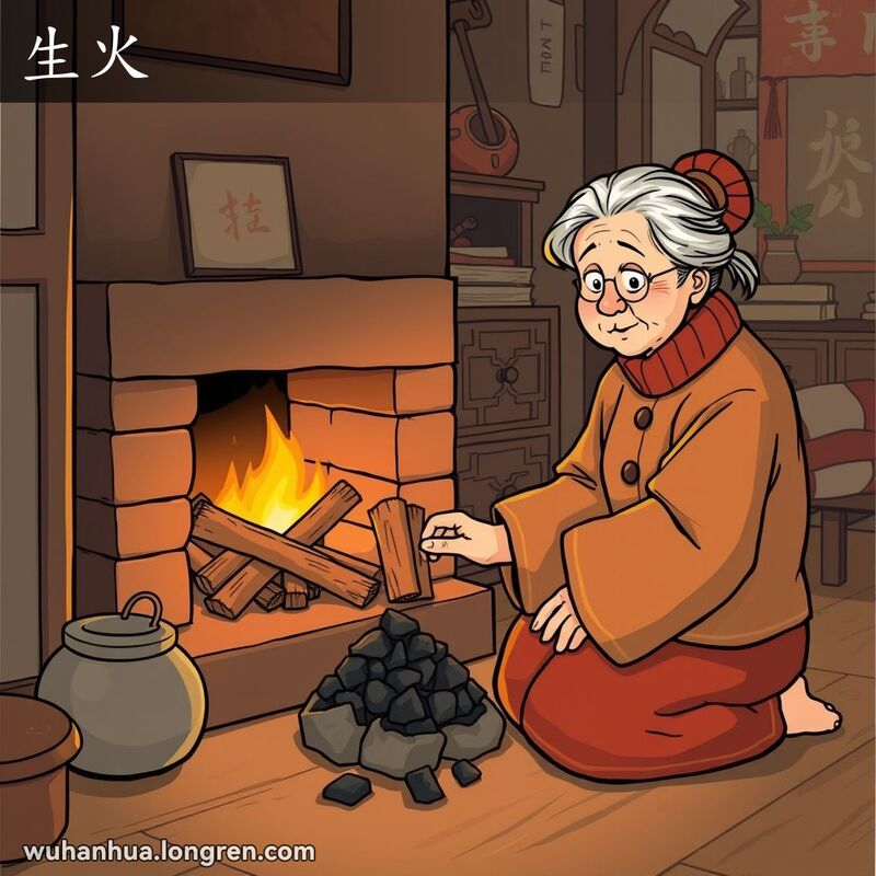一位武汉老妇人跪在家中火炉旁，专注地生火取暖，背景是温馨的老房子