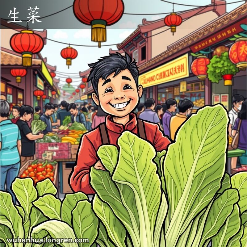武汉市场摊位上摆满新鲜生菜，摊主微笑着手持生菜，背景是其他摊位和传统建筑