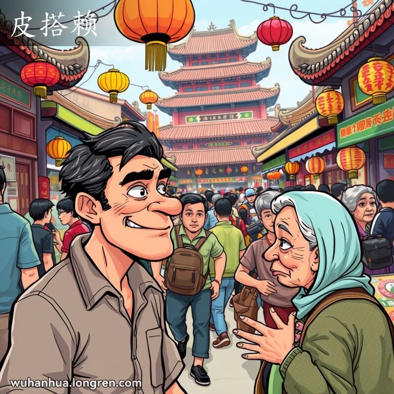 一个狡黠的男子在武汉市场与摊贩争执，背景是忙碌的市场和传统建筑。