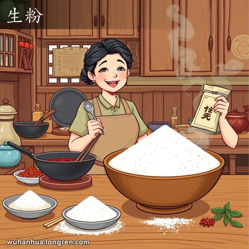 一位中年妇女在传统中式厨房中，手持芡粉，准备烹饪，背景有各种中式炊具和食材