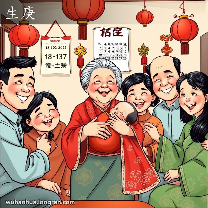 一个武汉家庭聚会，新生儿被祖母抱着，背景有日历和红灯笼，庆祝新生儿的出生日期。
