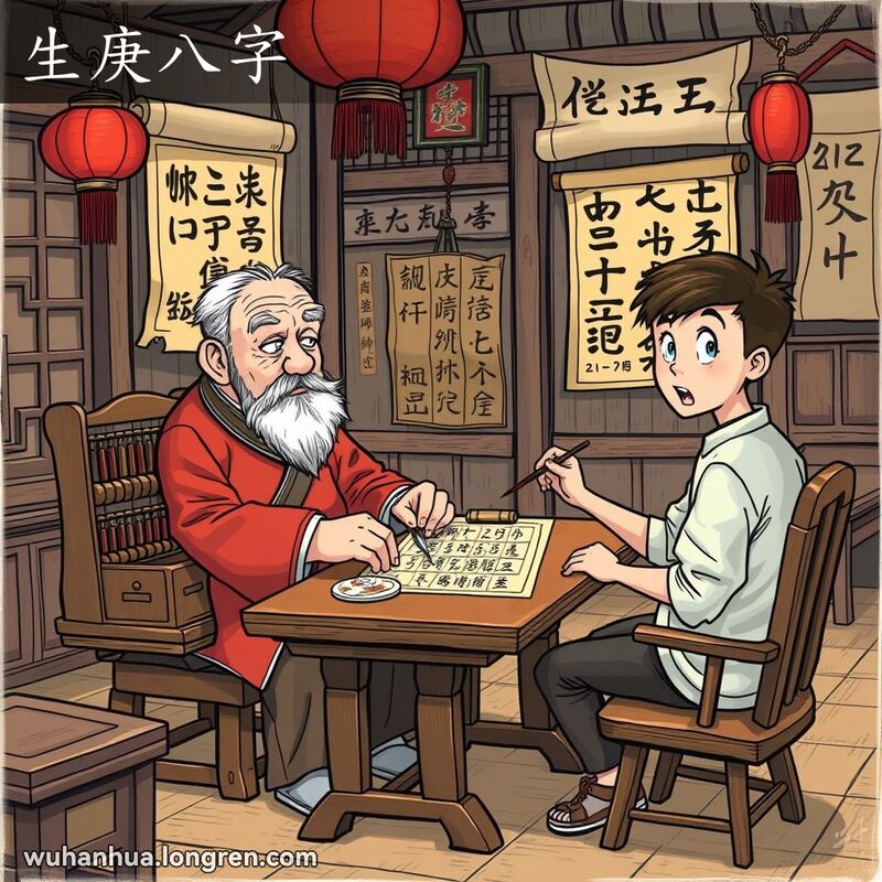 一位传统的中国算命先生在房间内为年轻人写八字，背景有红灯笼和书法挂轴