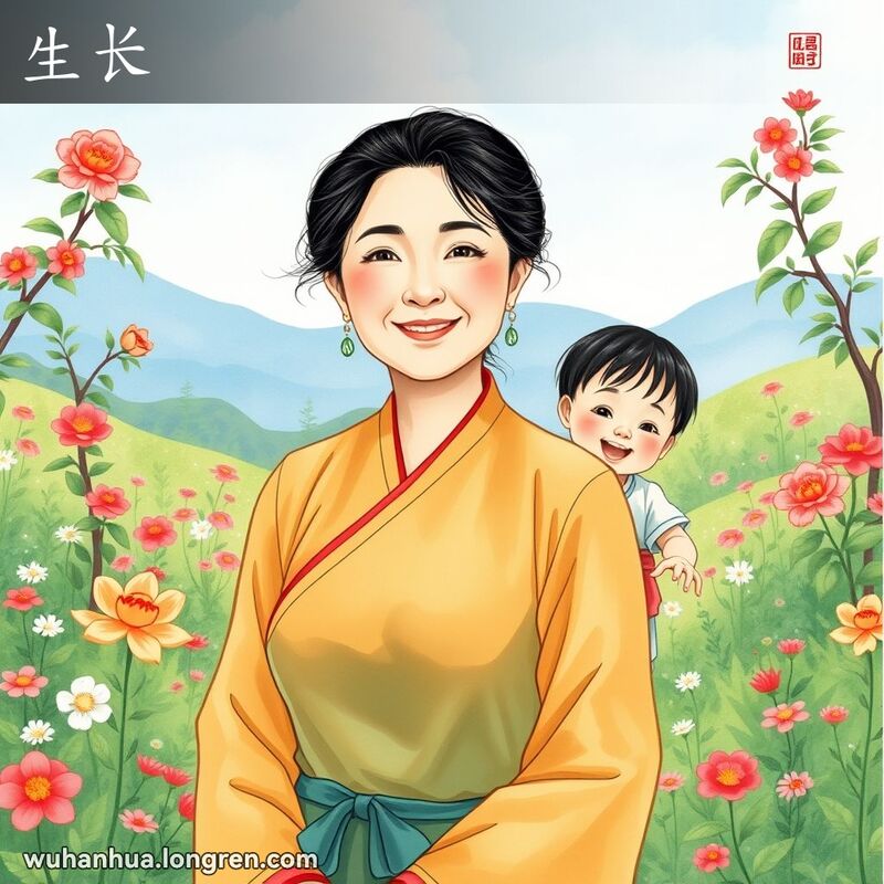 一位中年武汉妇女在花园中微笑，身后有孩子玩耍，背景是宁静的自然景观，象征生育能力和成长。