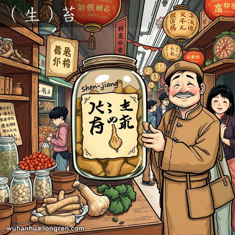 武汉传统草药店，店主展示‘生苔’根茎，背景是热闹的市场场景