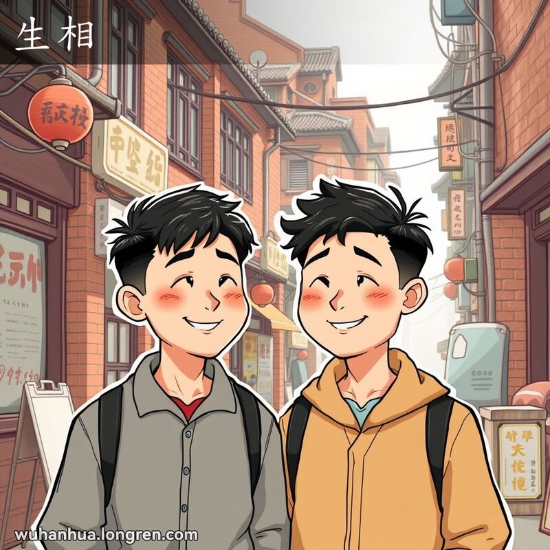 两位兄弟在武汉老街背景中站立，外貌相似，背景有红砖墙和小摊贩