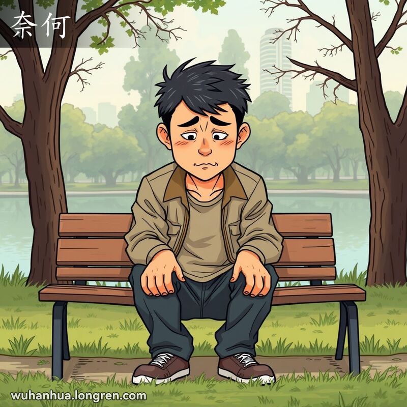 一位武汉男子坐在公园长椅上，低头露出无奈表情，背景是树木和湖泊