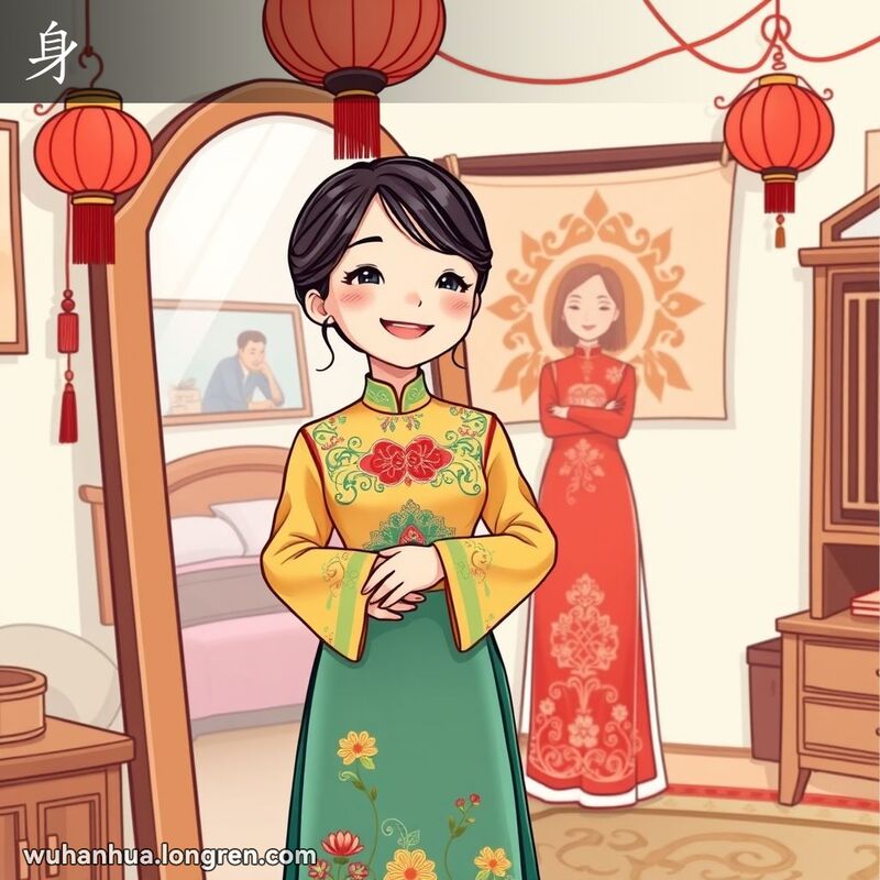 一位武汉女子站在全身镜前，欣赏自己的新衣服，背景是温馨的卧室，装饰有红灯笼和木质家具。