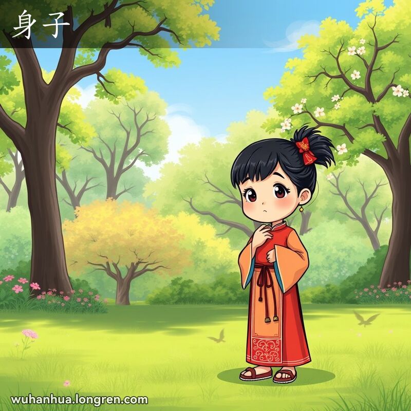 一位穿着传统服饰的武汉小女孩在公园中触摸自己的身体，表情好奇，背景是宁静的公园景色