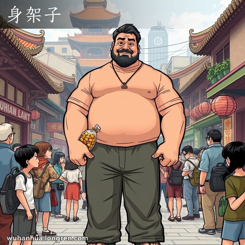 一位高大健壮的武汉男子站在街道中央，周围人们用钦佩的目光看着他，背景是武汉的传统建筑和小店。