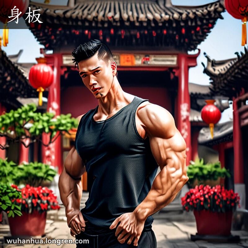 一位身体强壮的武汉男子站在传统中国庭院中，展示他结实的体格和健康的外貌，背景是中国传统建筑