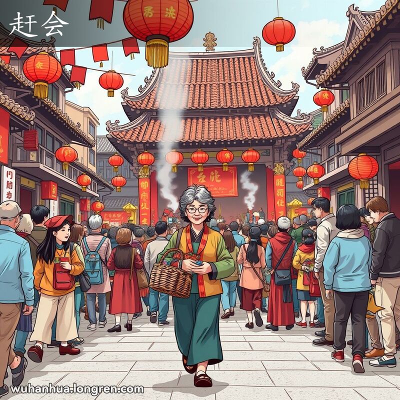 武汉市民在传统节日中赶会，背景是热闹的庙会和传统建筑