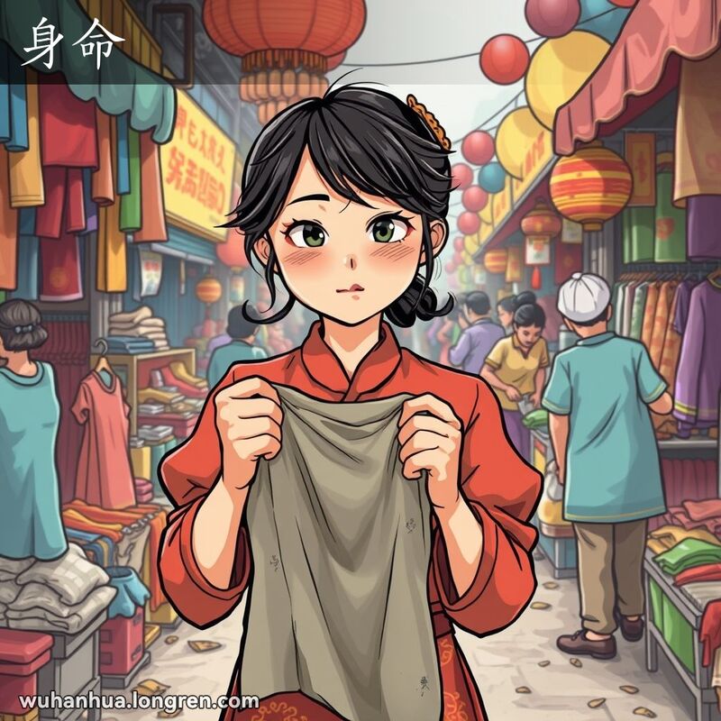 一位年轻女子在武汉市场中手持脏乱衣服，露出厌恶的表情，背景是热闹的市场摊位