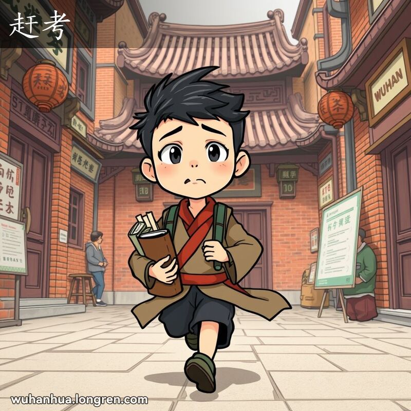 一位武汉学生穿着传统服装，手持书包和卷轴，急匆匆地赶往古代考场，背景是武汉老街景