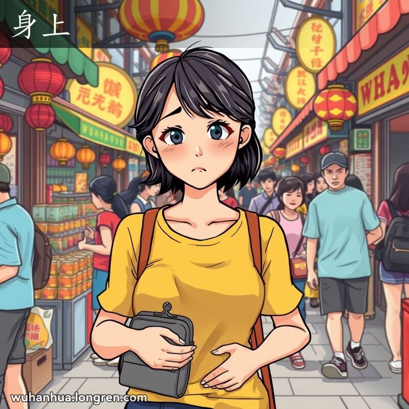 一位年轻的武汉女子在市场中捂着肚子，表情担忧，背景是热闹的市场