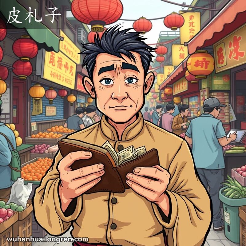 一位穿着传统中式服装的男子在武汉市场中手持破旧钱包数钱，背景是繁忙的市场摊位