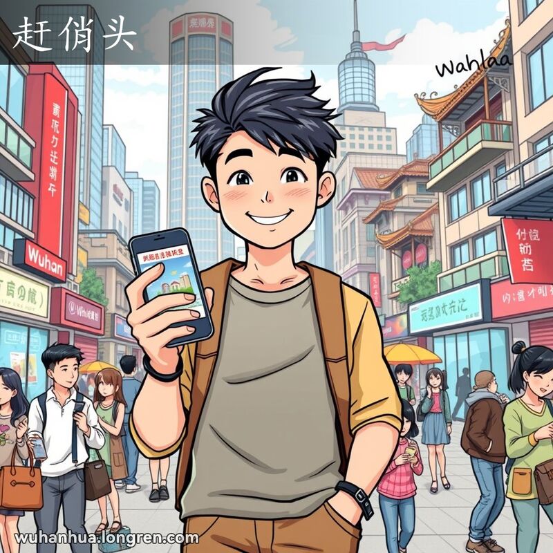 一位年轻的武汉市民在城市街头手持智能手机，自信地微笑，背景是现代与传统建筑交融的武汉街景。
