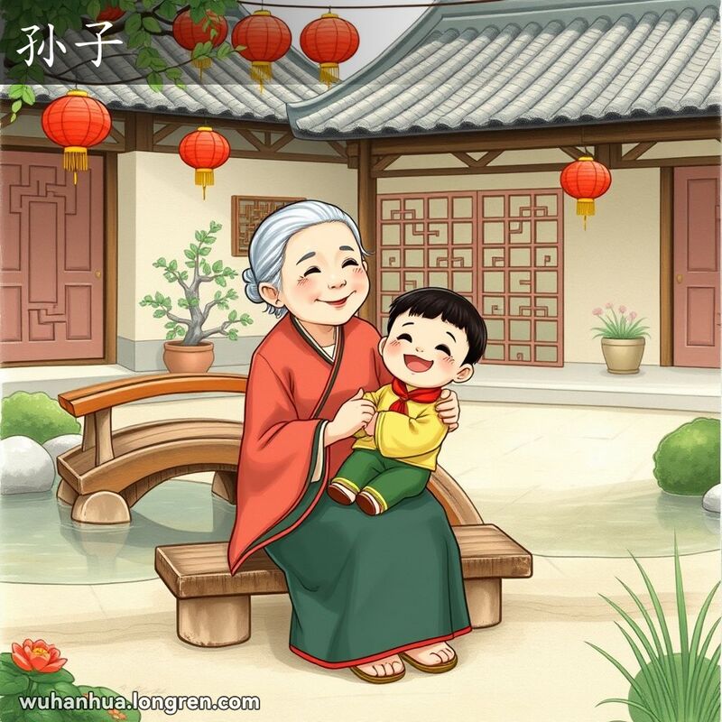 一位老妇人在传统中国庭院里抱着小男孩，背景有池塘、木桥和传统房屋