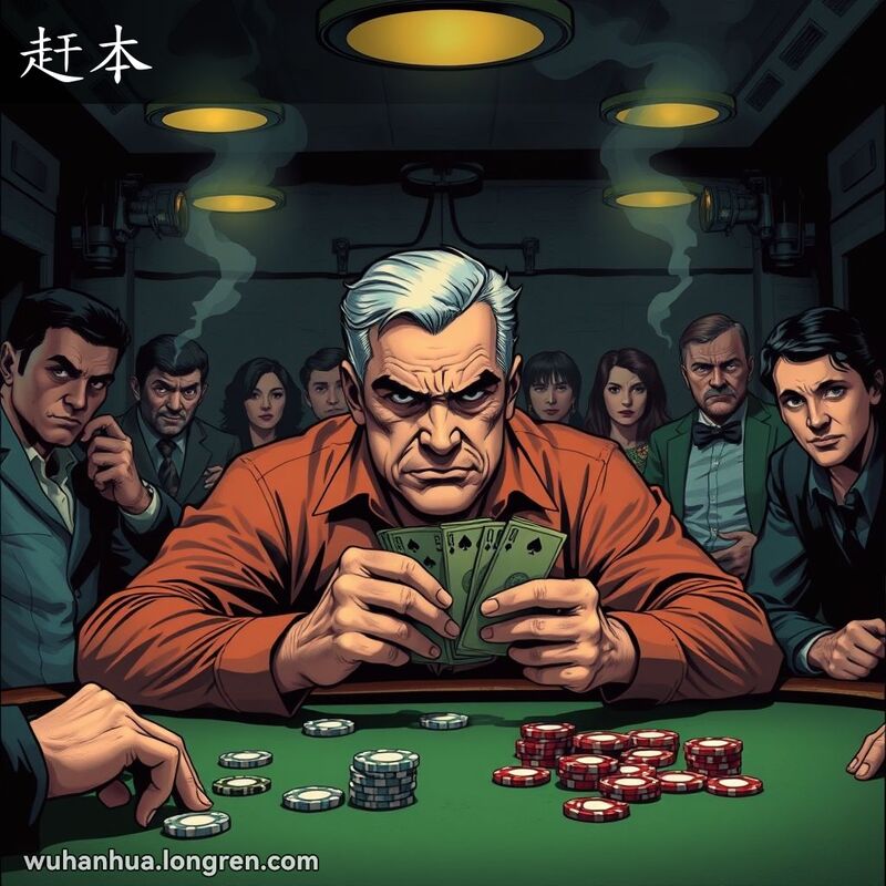 一位中年男子在地下赌场的赌桌前，手持扑克牌，表情焦虑，试图赢回已输掉的钱，背景有其他赌徒和旁观者，房间烟雾弥漫，气氛紧张。