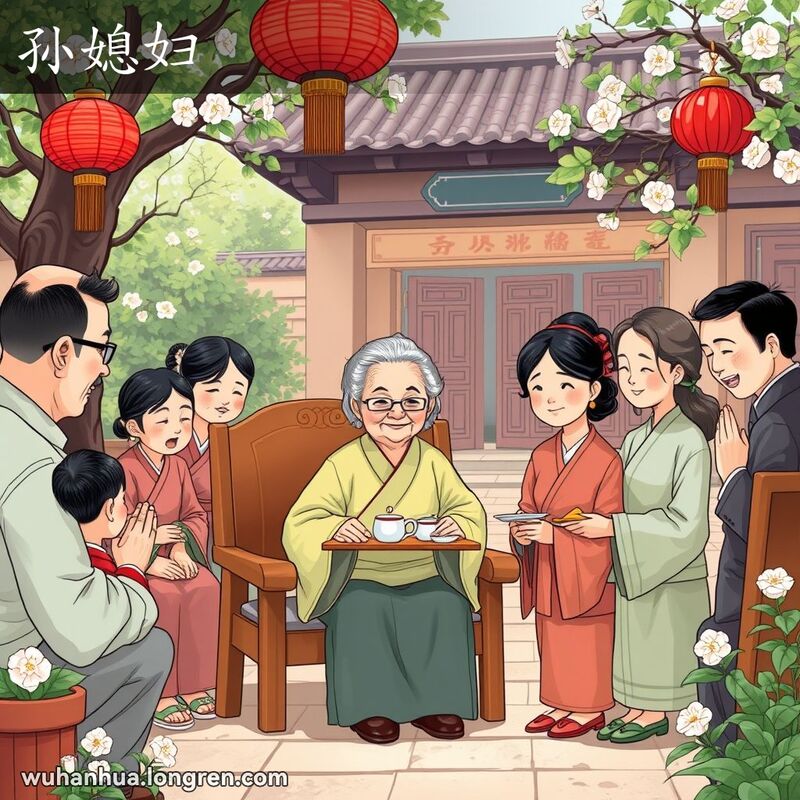 一个传统的中国庭院，家族成员聚集，老妇人坐在木椅上，年轻夫妇恭敬鞠躬，孙媳妇端着茶和点心。