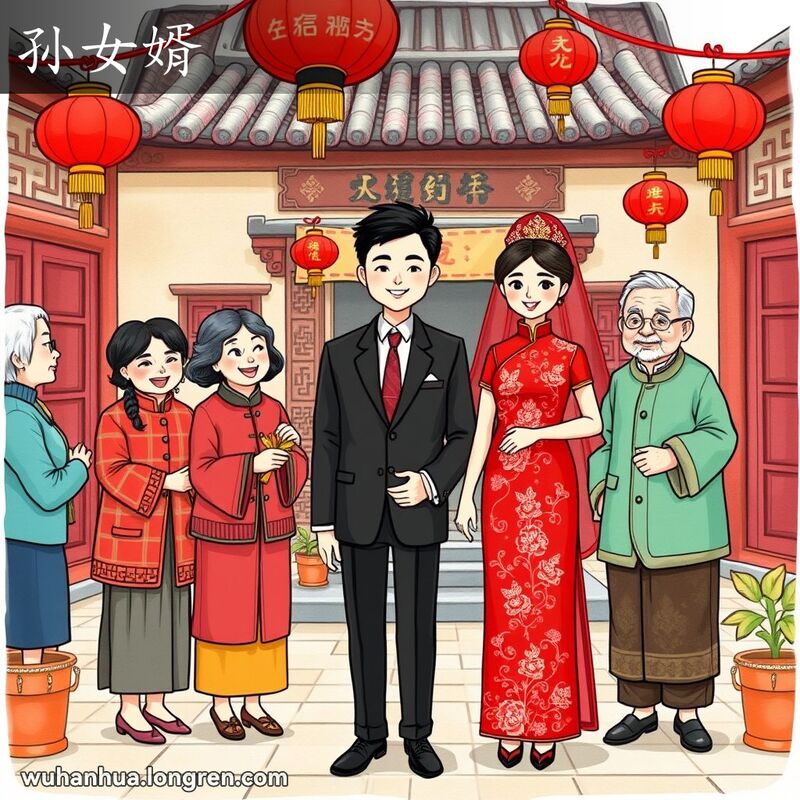一场传统武汉婚礼，新郎是孙女的丈夫，新娘穿红色旗袍，祖父母骄傲微笑，背景有红灯笼和喜庆装饰。