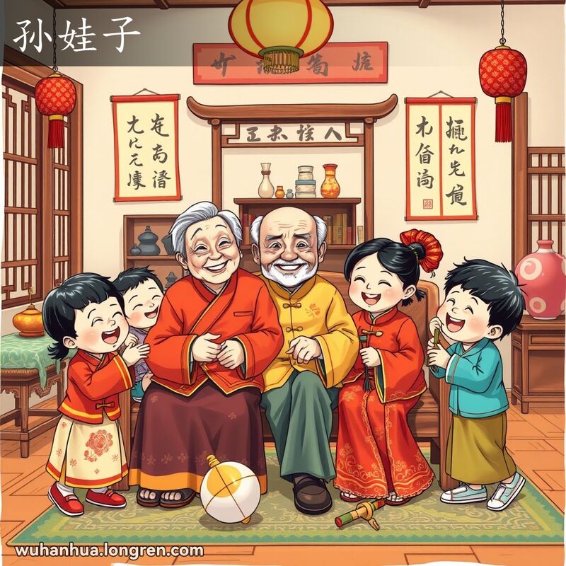 一对慈祥的老人与他们的孙子孙女在温馨的家庭聚会中，背景是传统的武汉家庭客厅
