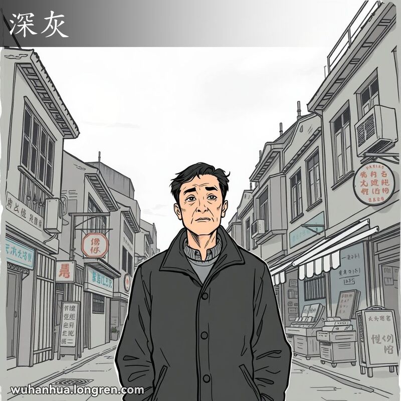 一位穿深灰色外套的男子走在灰蒙蒙的武汉老街上，背景有老建筑和小摊贩