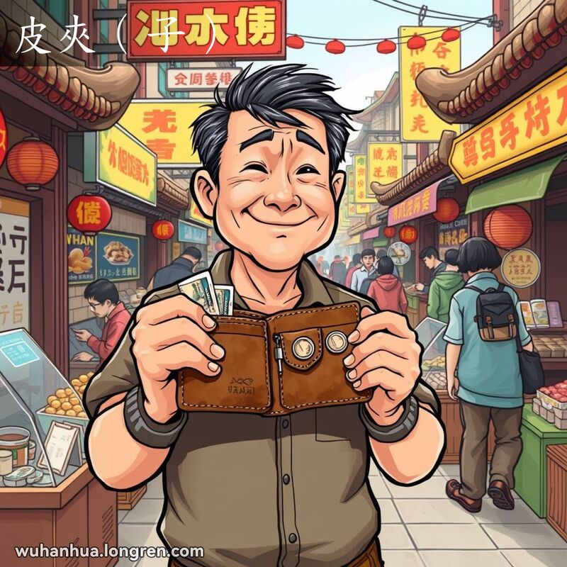 中年男子在武汉市场手持旧皮夹，背景是繁忙的市场和传统建筑