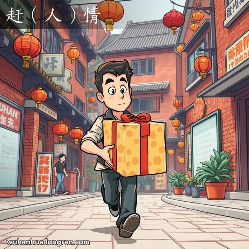 一位武汉男子手持礼盒，急匆匆地走在老街上，背景是武汉老街景