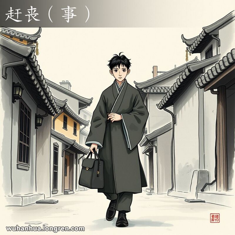 一位年轻人穿着丧服，手持旅行包，站在武汉老街入口，神情肃穆且匆忙，背景是老式瓦房和狭窄巷子。