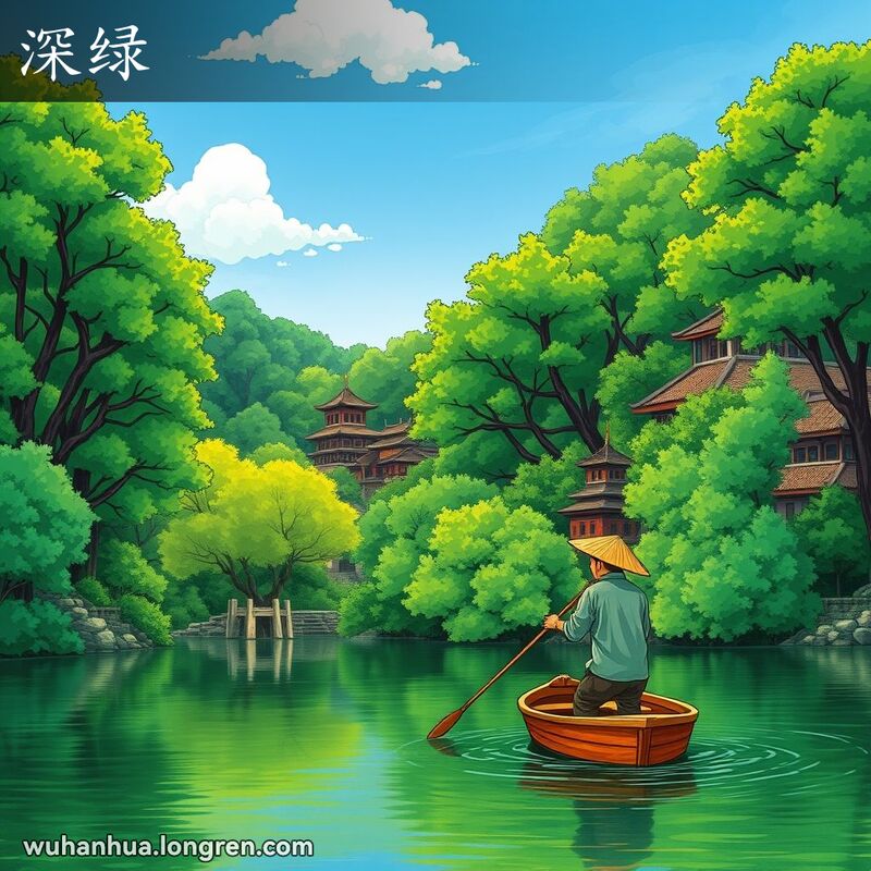 武汉的茂密森林，深绿色的树叶和高大的树木，蓝天白云，传统木船和渔民，背景有砖房和宝塔。