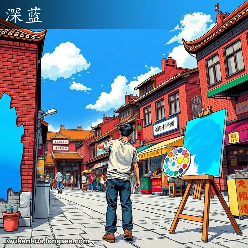 一位武汉艺术家在街头绘制深蓝色壁画，背景是武汉老街景