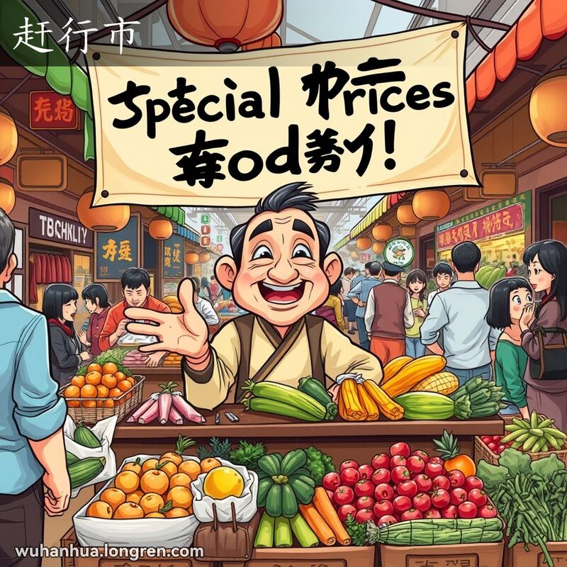 武汉传统市场中，商贩在摊位前热情地与顾客互动，展示商品，背景是热闹的市场场景。