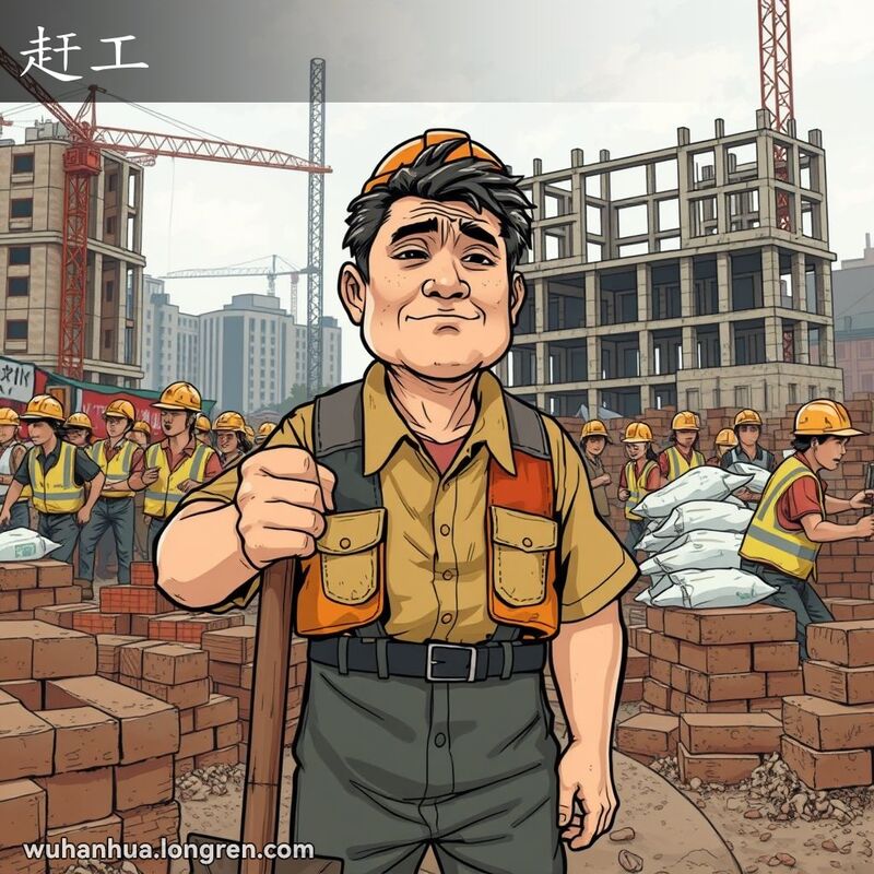 一位中年男子在武汉建筑工地上挥汗如雨地工作，手持铁锹，周围堆满砖块和水泥袋，背景是未完工的建筑。