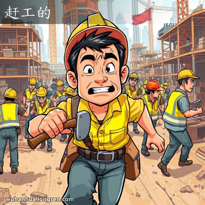 一位武汉工人在施工现场急忙完成任务，背景有其他工人和施工设备