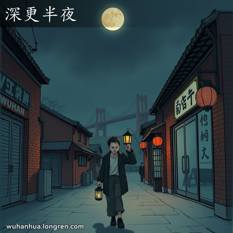 武汉深夜的寂静街道，月光洒在红砖墙和老式招牌上，一位男子独自行走，手提灯笼，脸上带着困倦和警觉的表情，背景有关门的店铺和远处的长江大桥。
