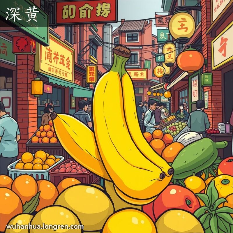 武汉市场上一根深黄色的香蕉，背景是红砖墙和小摊贩