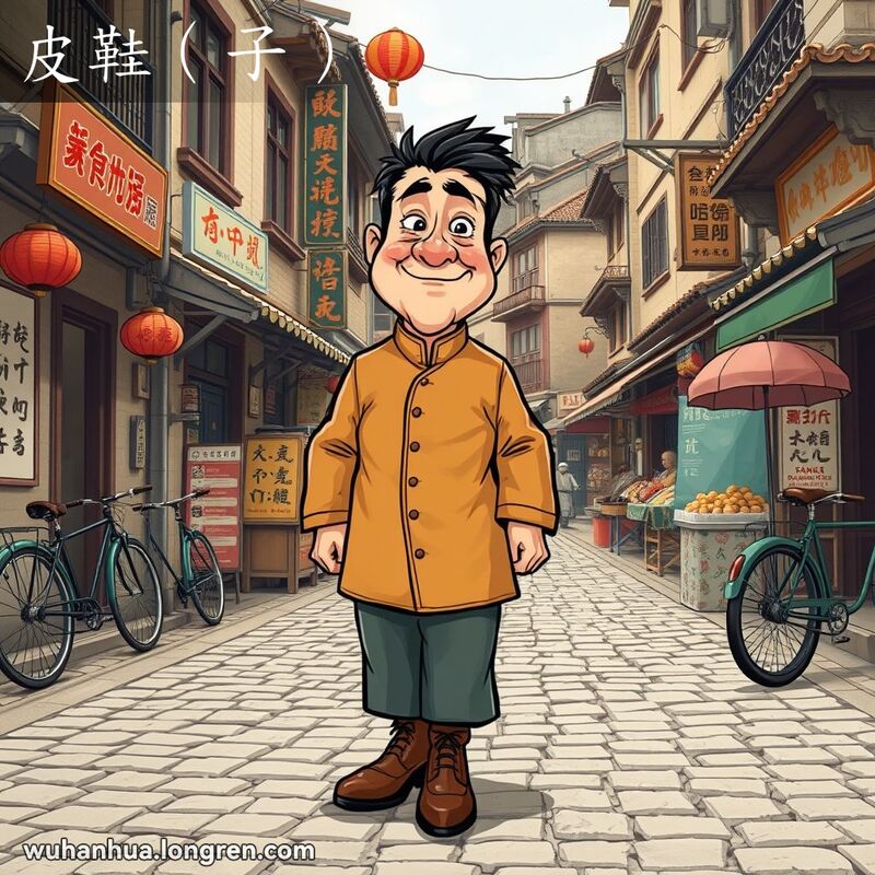 一位穿着传统中式服装的武汉市民走在老街上，脚上穿着锃亮的皮鞋，背景有老建筑和小摊贩