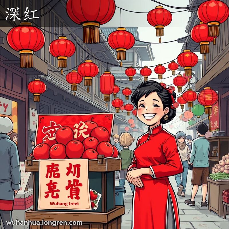 武汉街头市场，红灯笼和鲜红苹果摊位，摊主穿深红色传统服装，背景有其他摊贩和行人