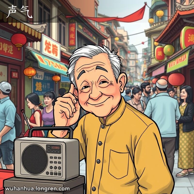 一位武汉老人在街头专注地倾听收音机发出的声音，背景是热闹的市井生活