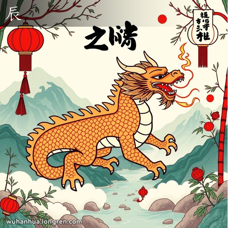 传统中国日历页面，地支第五位“辰”，以龙为象征，背景有红灯笼、竹子和山水景色