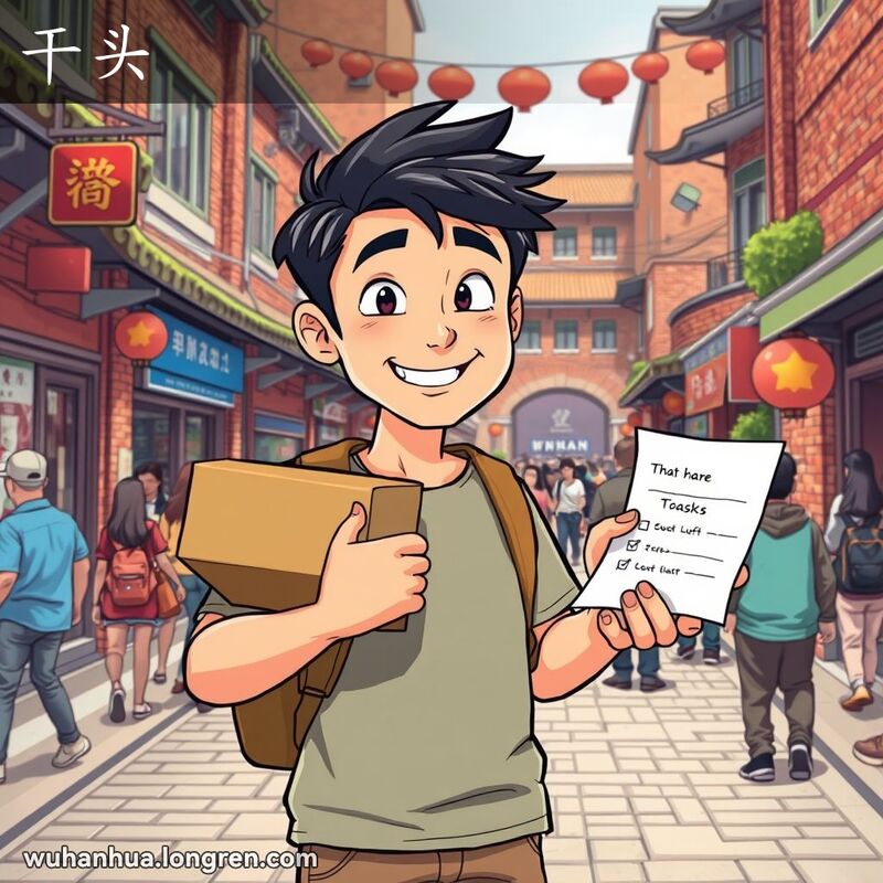 一位年轻的武汉男子站在街道上，手持快递包裹，脸上带着坚定和希望的表情，背景是武汉的传统街景。