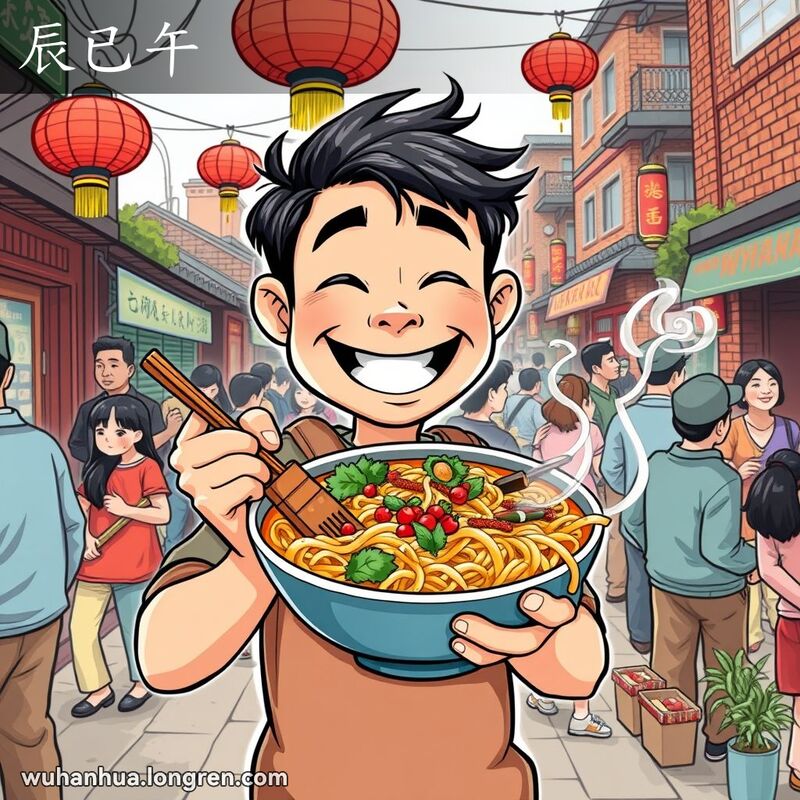 一位武汉本地人在街头美食市场上端着一碗热气腾腾的面条，脸上露出享受美味的笑容，背景是热闹的街头小贩和老砖房。