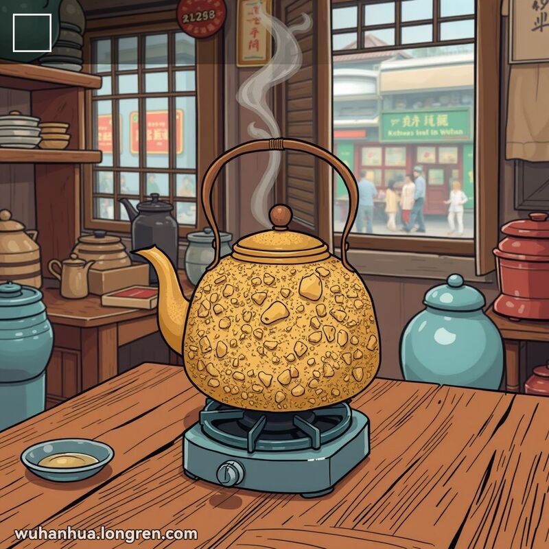 一个传统的武汉厨房，桌上放着一把老式水壶，壶身上覆盖着厚厚的水垢，背景是老式厨房用具和繁忙的街景
