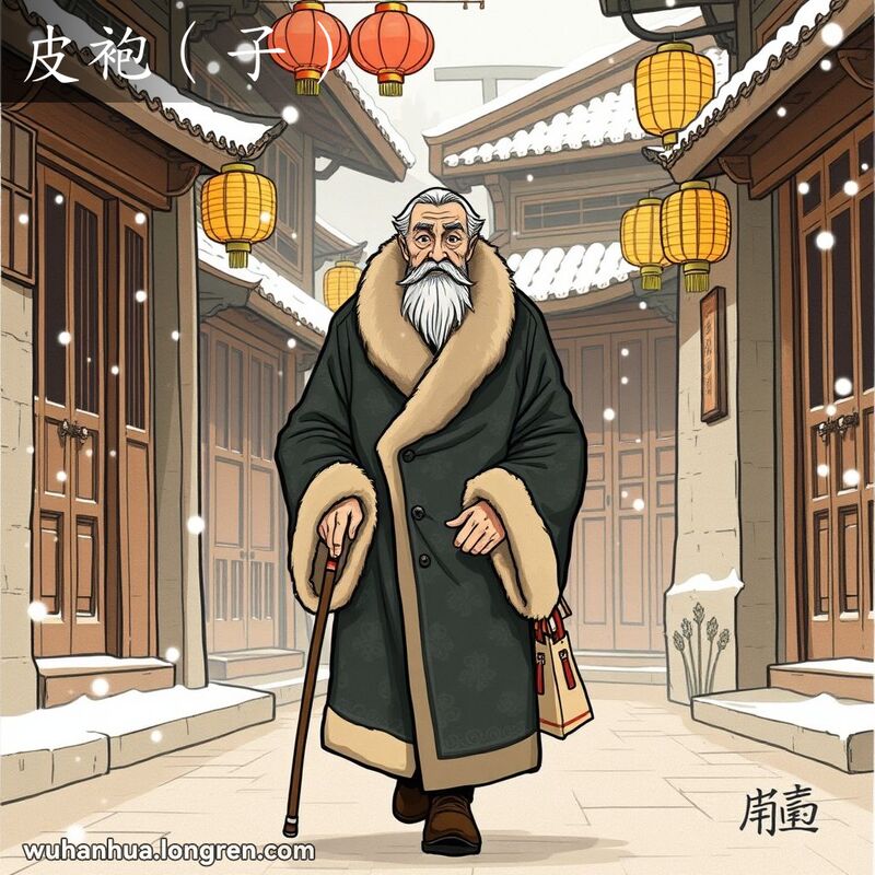 一位老人穿着毛皮里子的中式长衣，手持拐杖和布袋，走在冬季的武汉老街上