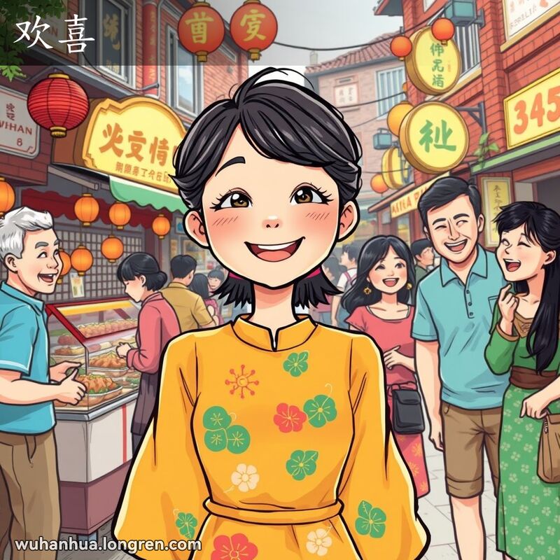 一位年轻女子在武汉街市前开心地笑着，周围是热闹的摊贩和欢笑的朋友