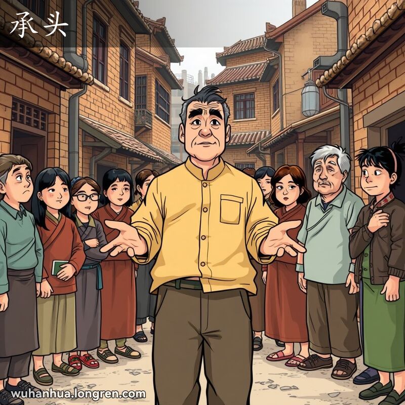 一位中年男子在武汉老街区带领一群人，表情坚定，准备承担责任。