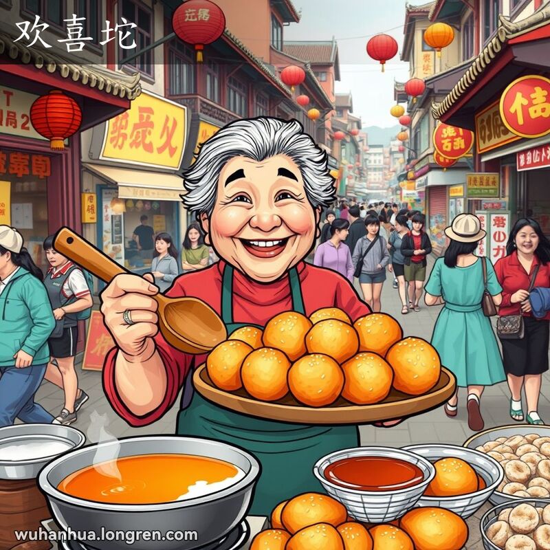 武汉街头，一位老奶奶在摊位前售卖“欢喜坨”，背景有其他小贩和行人