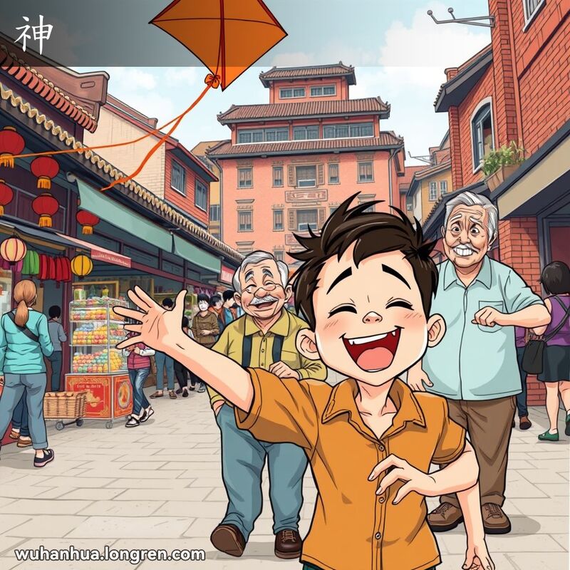 一个小男孩在武汉街头放风筝，表情调皮，背景是热闹的市场和老建筑