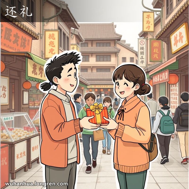两位武汉市民在街头互赠礼物，背景是繁忙的市场和老式建筑