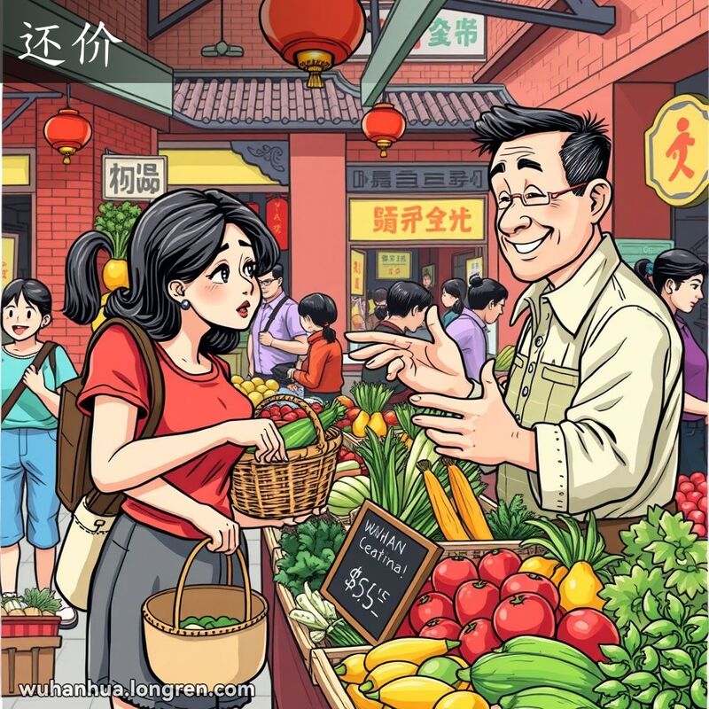 一位武汉市民在市场上与摊贩讨价还价，背景是热闹的市场景象